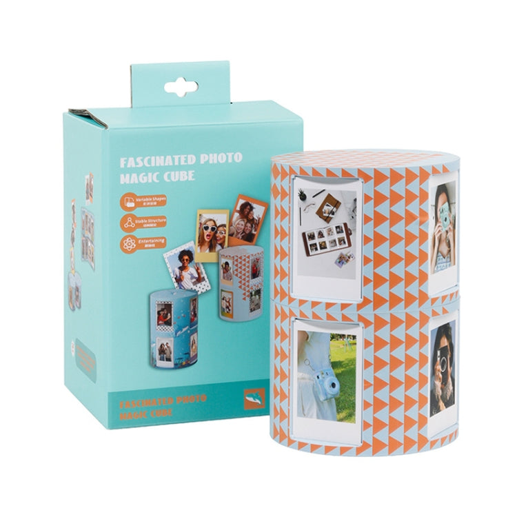 Blue and white photo cube storage rack with orange geometric pattern and picture frames