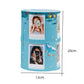 Blue mini photo cube storage rack with two picture frames and size markings