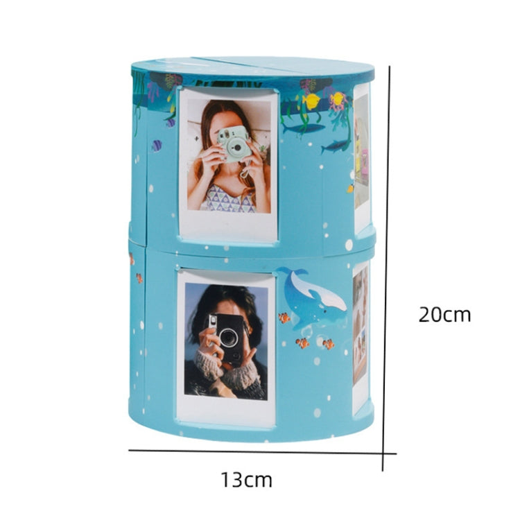 Blue mini photo cube storage rack with two picture frames and size markings