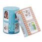 Blue round photo rack with hinged panels and three picture frames