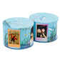 Blue ocean-themed photo cube storage rack with two hinged sections and picture frames