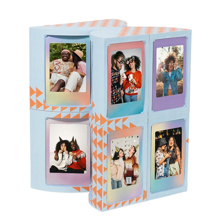Light blue transformable photo cube storage rack with six hinged picture frames