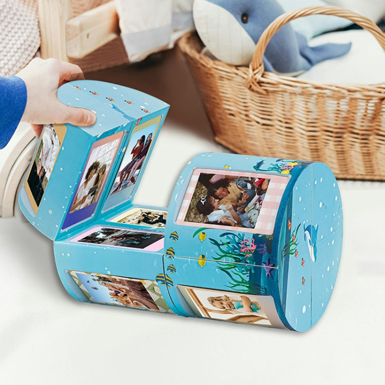 Blue ocean photo rack with hinged frames, open for viewing