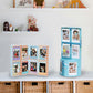 Transformable photo frame stand storage rack set with open cube and blue round rack