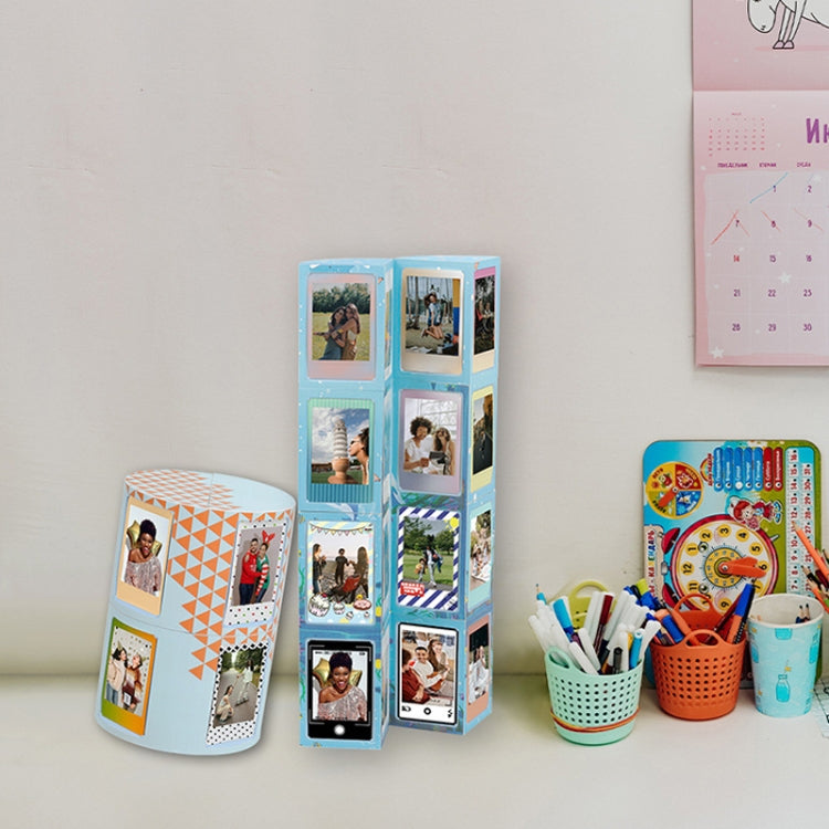 Mini photo cube and open frame stand with multiple small picture frames