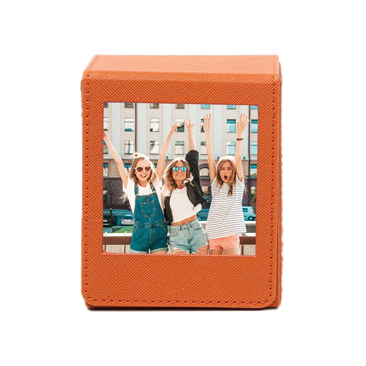 Orange textured photo card storage box with window for one printed photo
