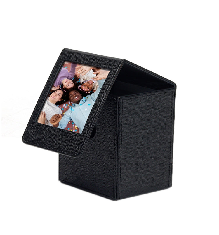 Black photo display storage box with front window and hinged photo frame