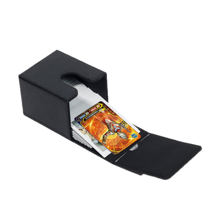 Black photo display storage box open with cards and front locking slot