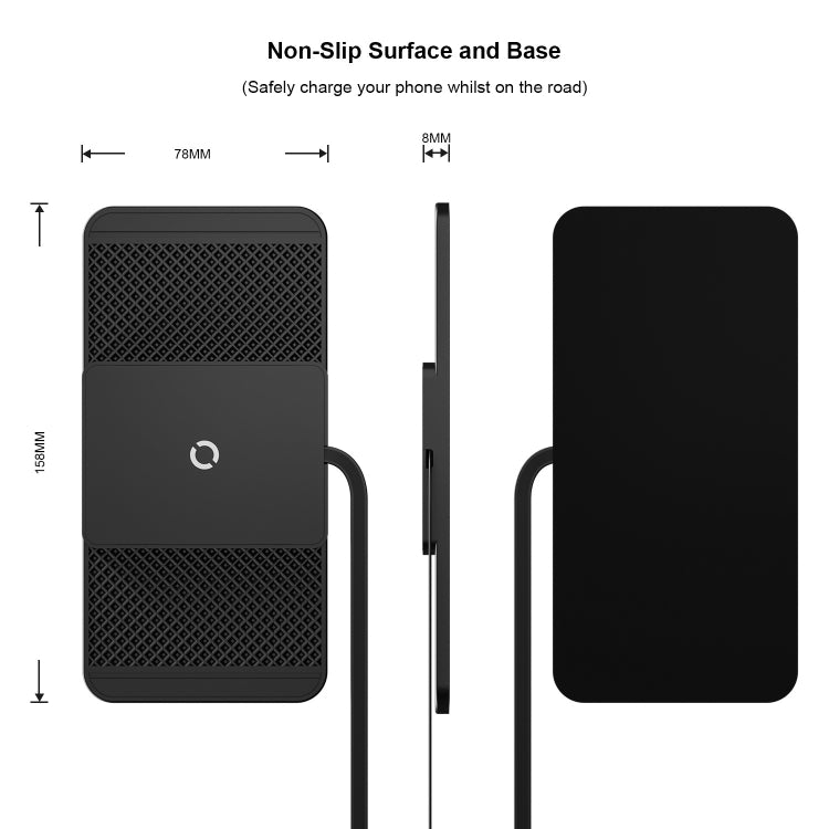 Wireless car charger anti-slip mat showing slim side profile and top view dimensions