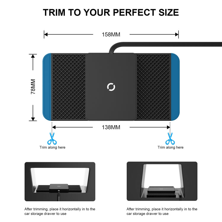 Wireless car charger anti-slip mat layout with trim-to-size guide and measurements