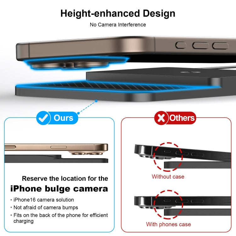 Wireless car charger height-enhanced design with blue airflow slots under phone