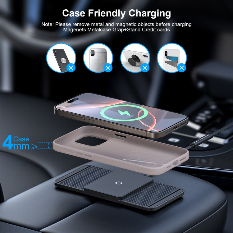 Wireless car charger showing case-friendly charging with phone on textured pad