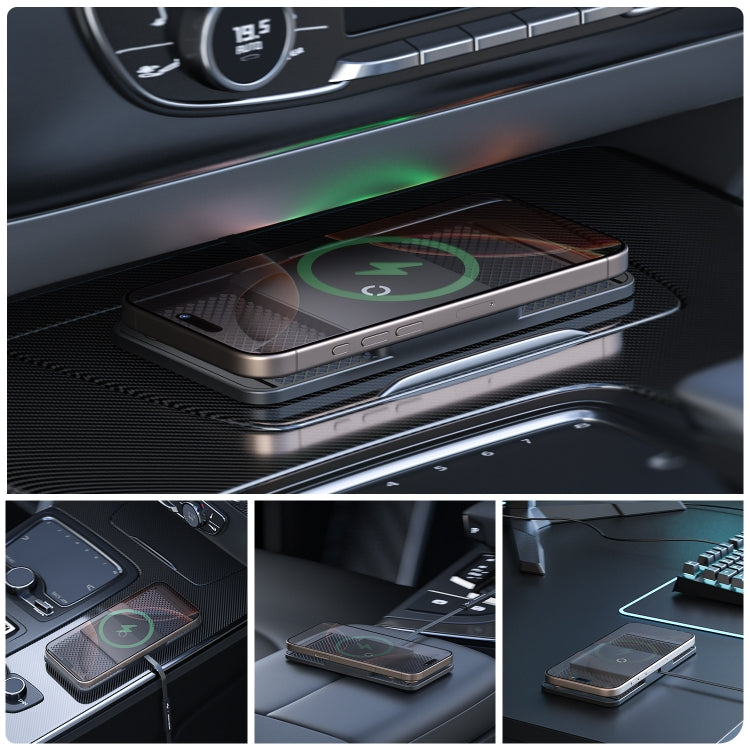 Universal car wireless charger with anti-slip mat, phone on Qi charging pad