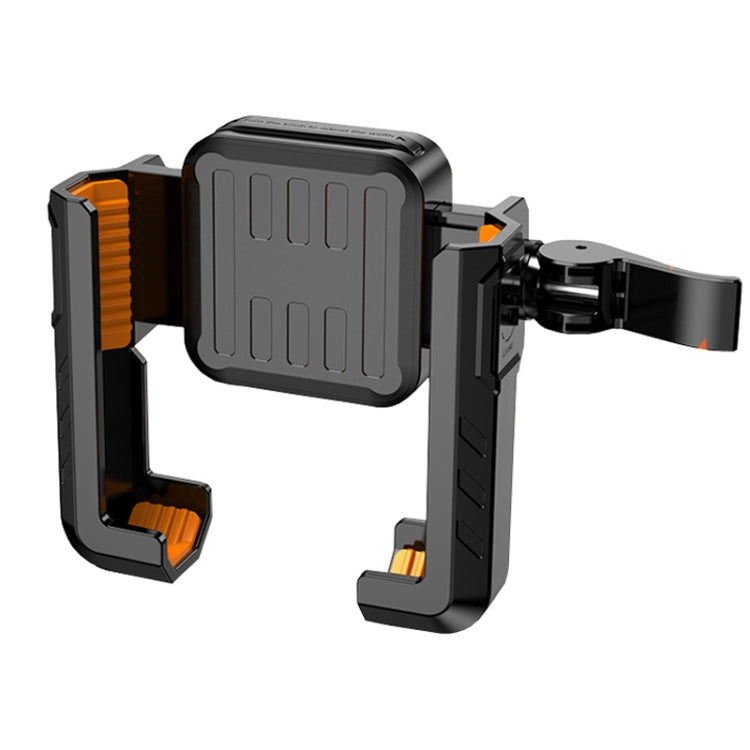 Motorcycle handlebar phone holder with semi-wrapped clamp, dark gray and orange accents