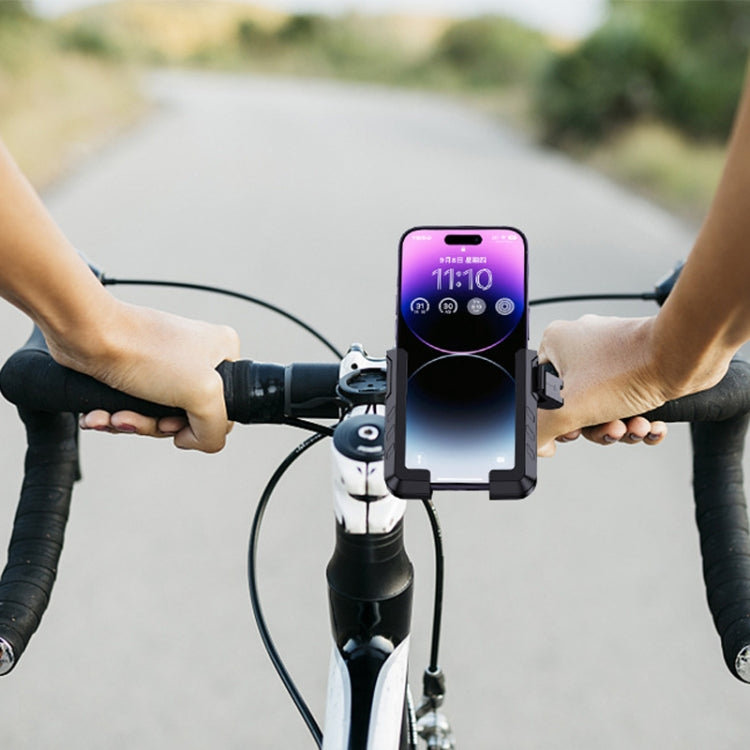 Handlebar phone holder with smartphone clipped in front for navigation