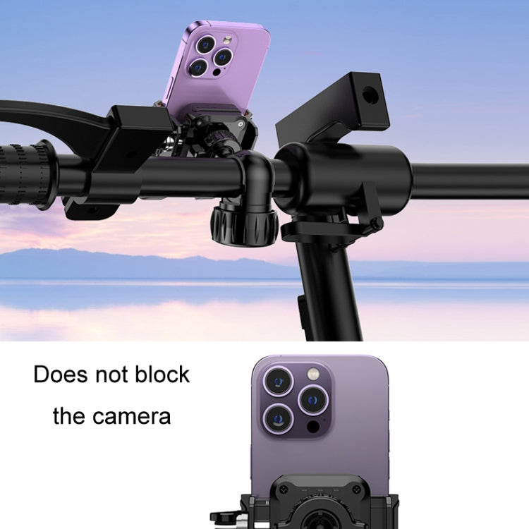 Bicycle handlebar phone mount holding a purple smartphone near the front bar
