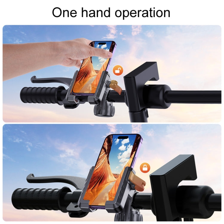 Hand holding a phone while clipped into a handlebar phone holder