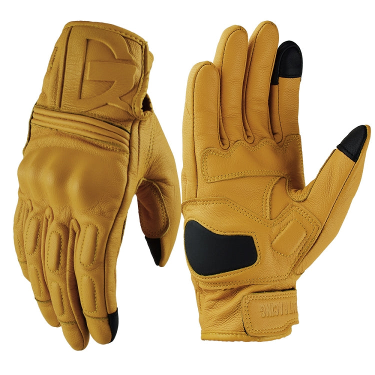 Motorcycle riding gloves in yellow with full fingers and an adjustable wrist cuff