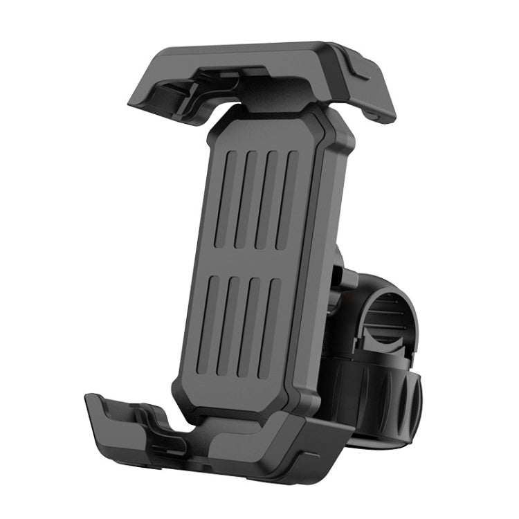 Black motorcycle phone holder with adjustable clamp base for handlebars