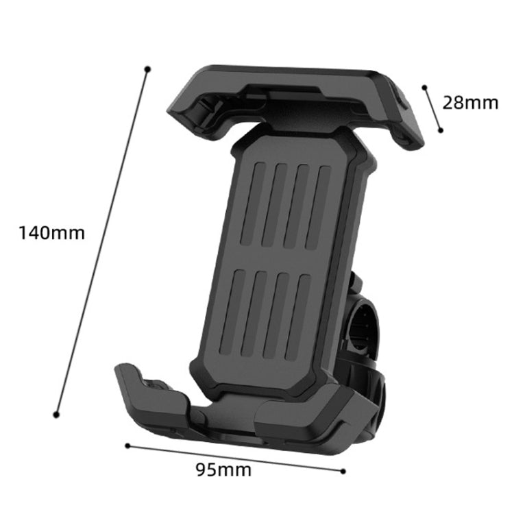 Black phone holder cradle with handlebar mount and visible size dimensions