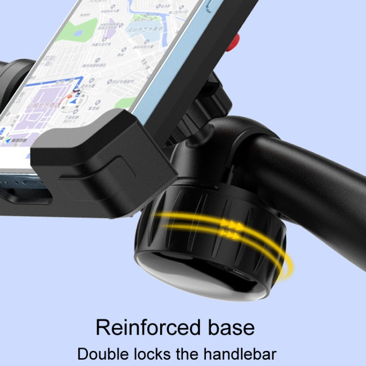 Black handlebar phone mount with reinforced base and rotating support arm
