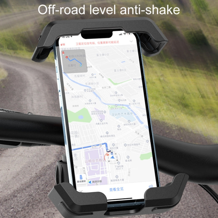 Black anti-shake phone mount holding a smartphone displaying a map