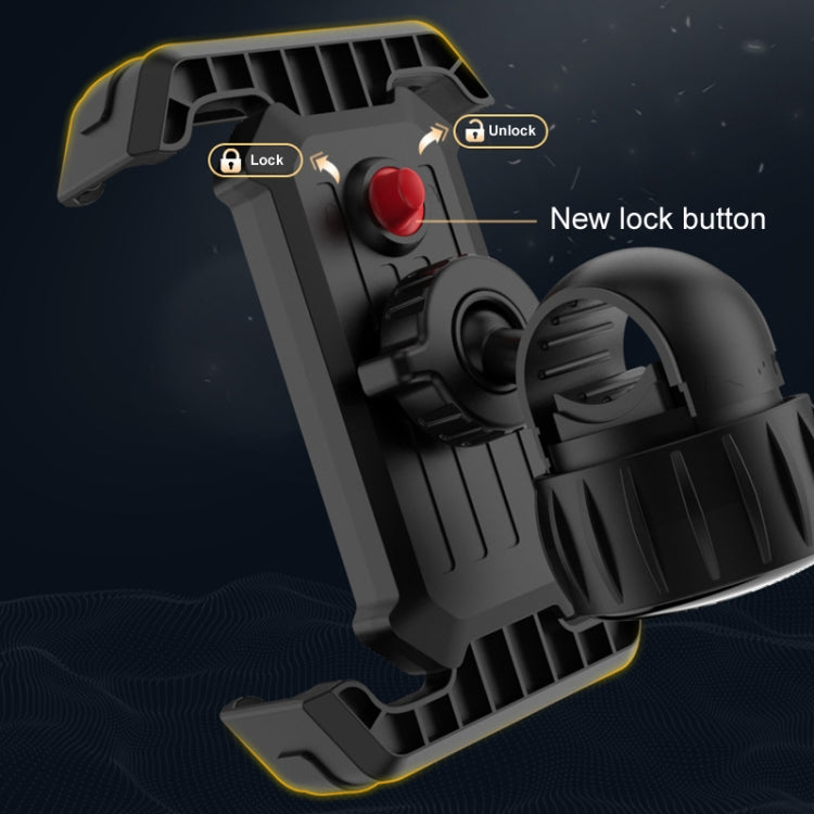 Black phone holder with red lock button and side locking mechanism
