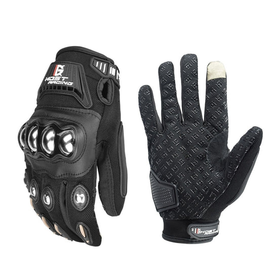 Black motorcycle riding gloves with knuckle armor and anti-slip fingertips, GHOST RACING