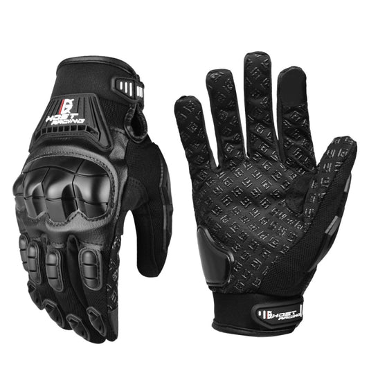 Black motorcycle anti-fall riding gloves with knuckle armor and grippy textured palm