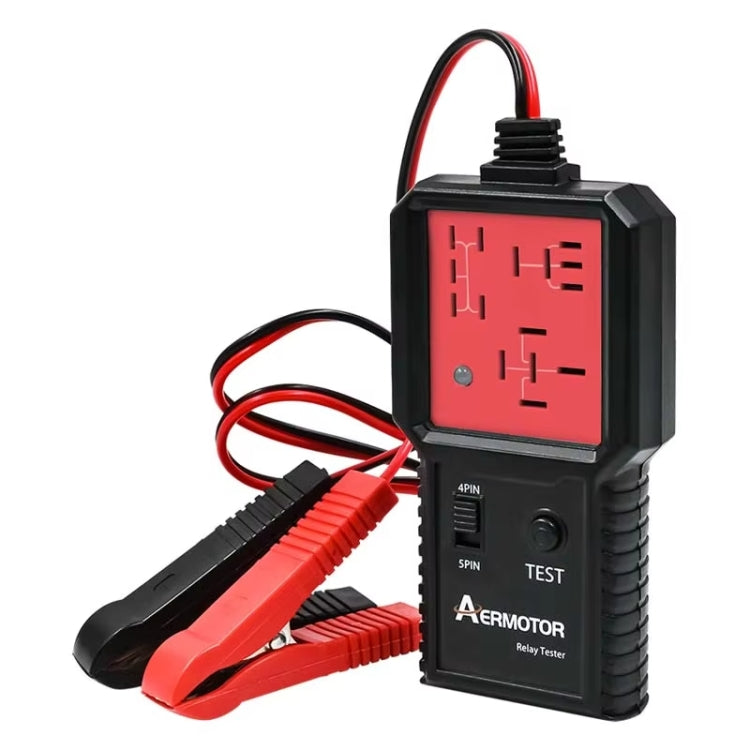AERMOTOR relay circuit tester with red clamp leads and TEST indicator screen