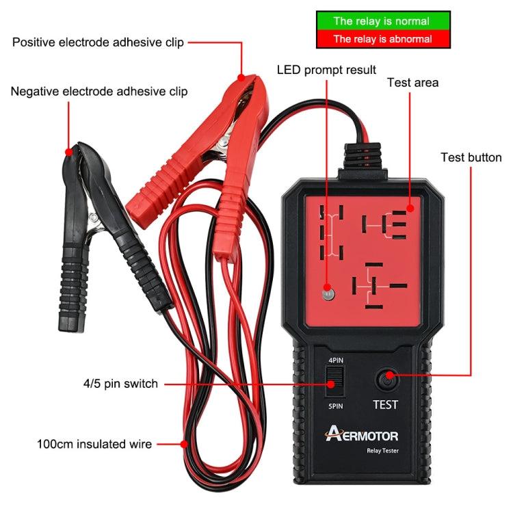AERMOTOR relay tester with red clamp clips, insulated wires, and labeled test panel