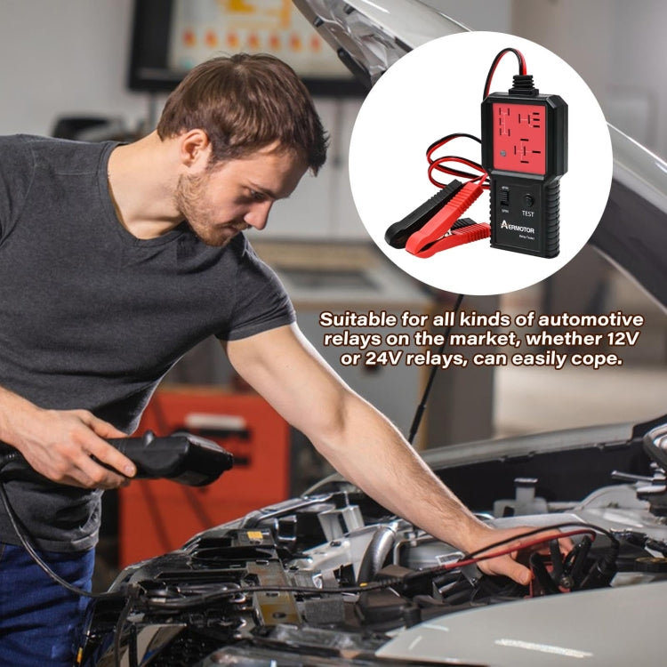 AERMOTOR relay tester with red clamp leads shown in car test setup