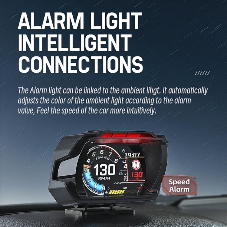 OBD HUD mileage speedometer display showing speed alarm icon and dual number readouts