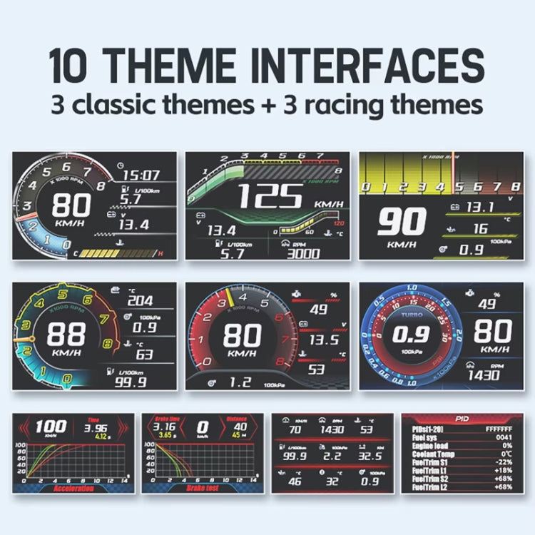HUD theme interface grid showing multiple speedometer styles and layouts