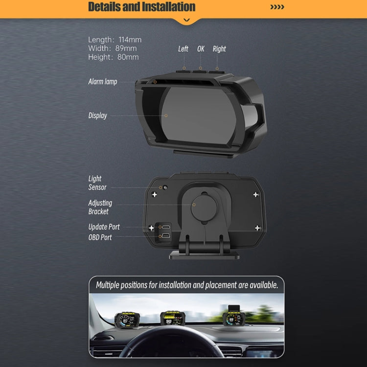 HUD installation diagram with display, bracket, light sensor, and OBD port