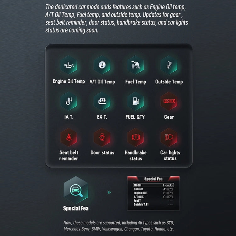 Car status menu icons for engine oil temp, fuel, outside temp, and gear
