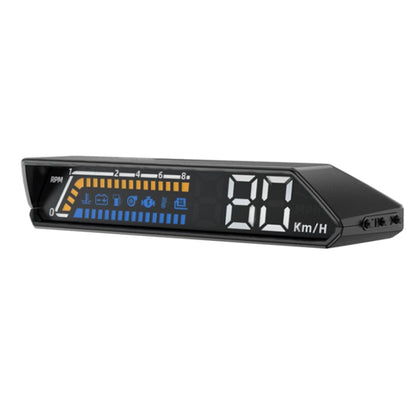 Black HUD vehicle display screen with blue RPM bar and large speed readout