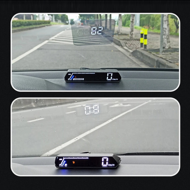 OBD head-up display screen showing blue bars and km/h speed on dashboard