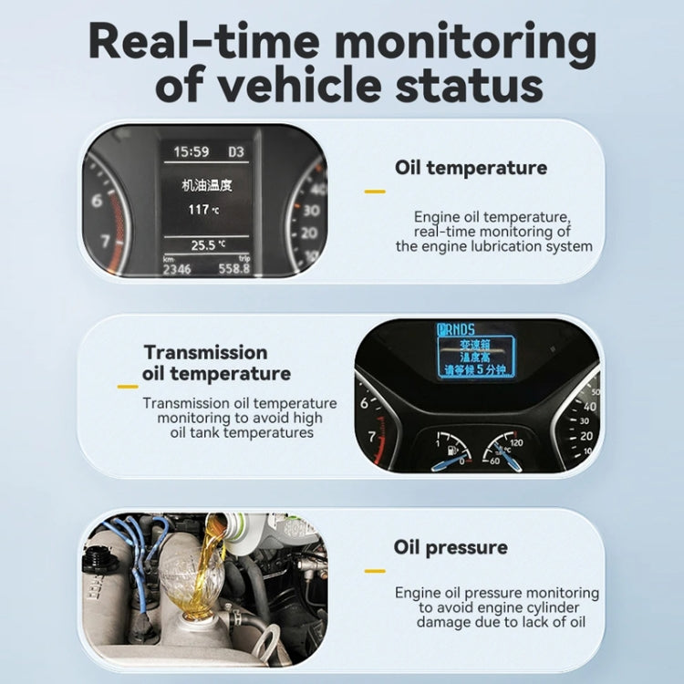 HUD monitoring display showing oil temperature, transmission oil temperature, and oil pressure