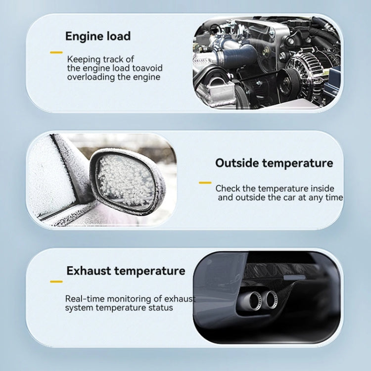 HUD status cards for engine load, outside temperature, and exhaust temperature monitoring