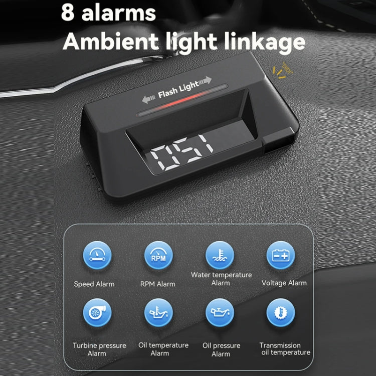 Black HUD unit with flash-light window and alarm indicator icons for vehicle metrics
