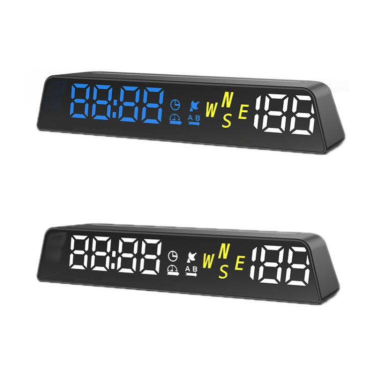 Black head-up display meter showing blue and white LED readings