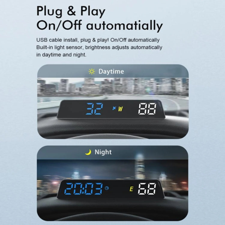 Black head-up display meter mounted on dashboard with daylight and night readings