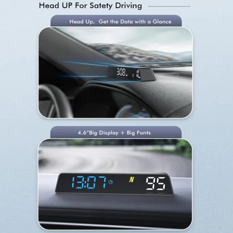 Black head-up display meter shown in-car with large blue and white digits