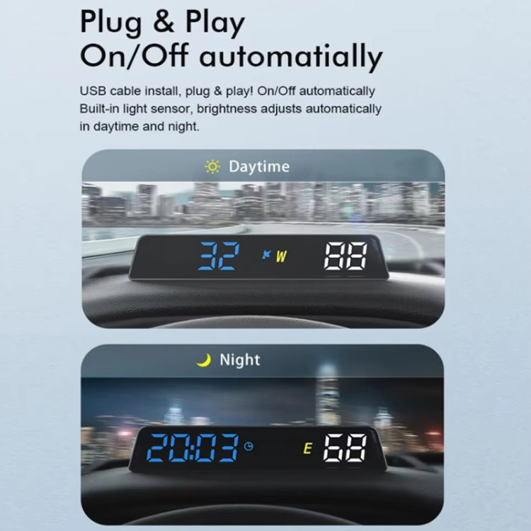Black head-up display meter on dashboard with blue daylight and night numbers