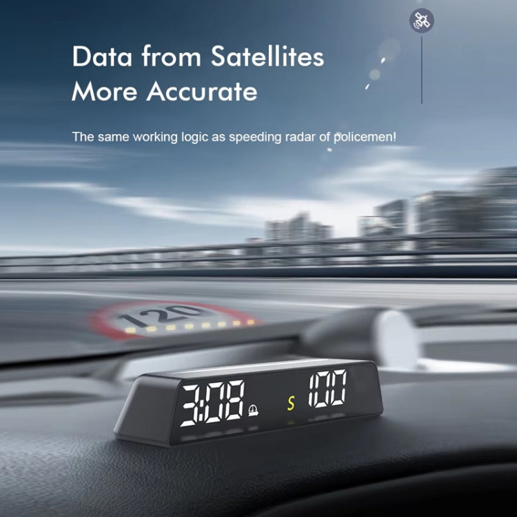Black head-up display meter on dashboard showing white LED speed and status