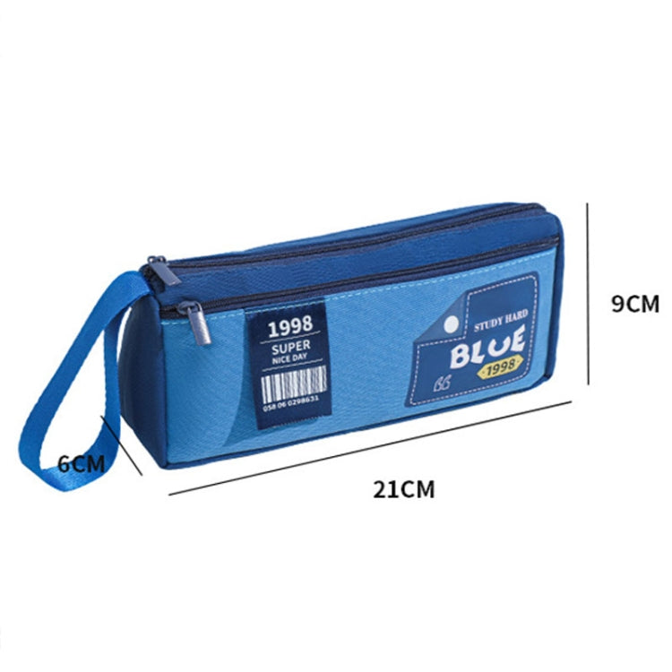Blue double-layer pencil case with zipper and front logo patch; shown size view.