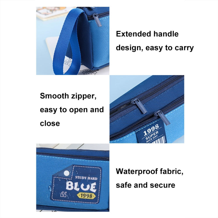 Blue double-layer pencil case close-ups: smooth zipper, handle strap, sturdy fabric.