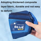Blue double-layer pencil case corner close-up with front badge and hand holding.