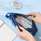 Blue double-layer pencil case open, showing colorful pencils inside.